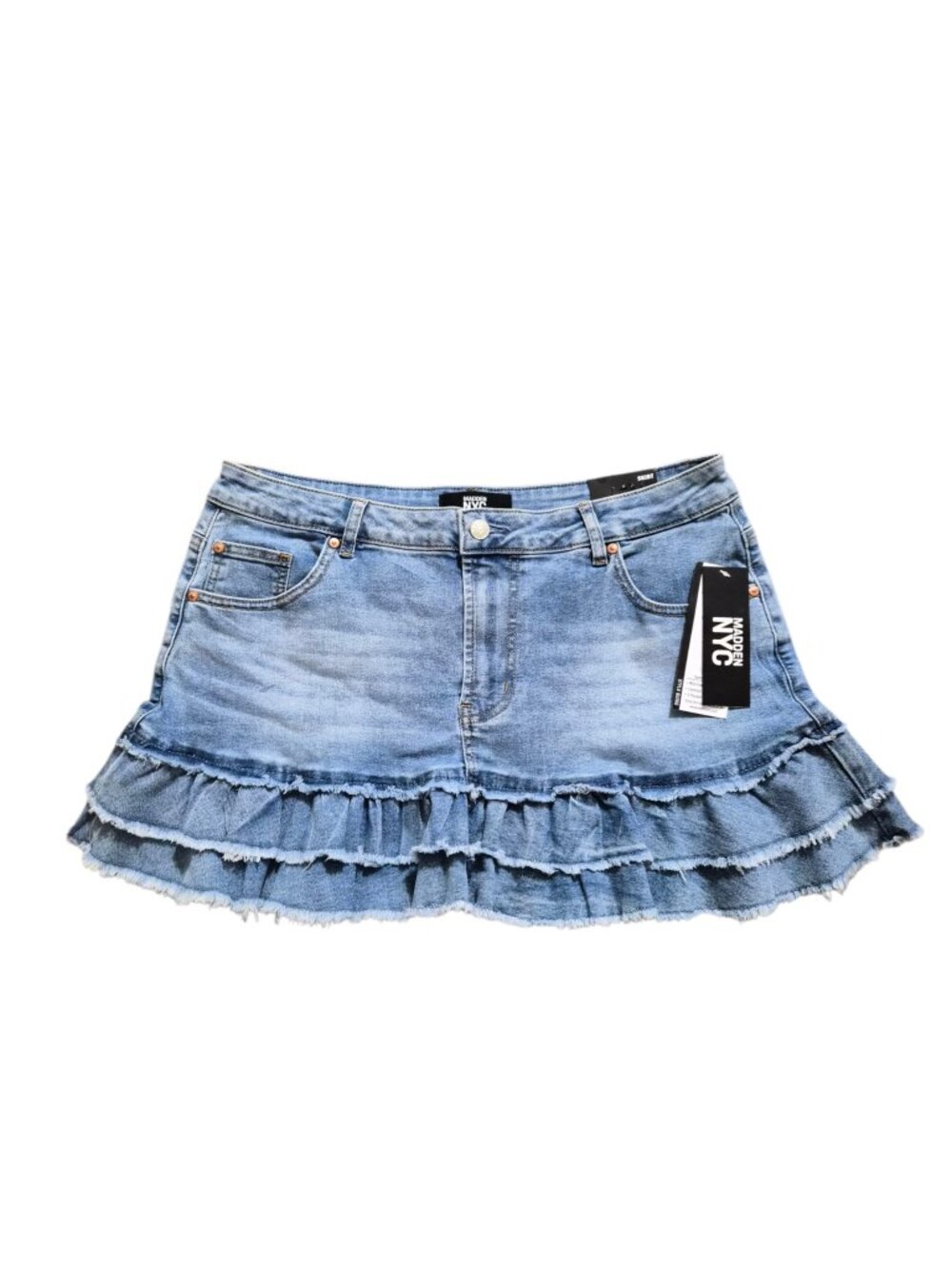 Madden NYC Womens Layered Denim Ruffled Mini Skirt L (12-14) Blue Button Pockets